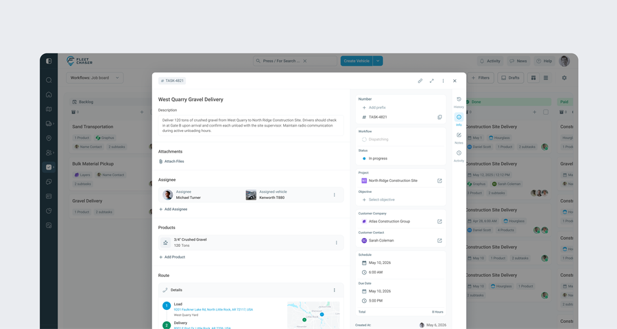 Tasks v2 — the board in the Console, with a task open