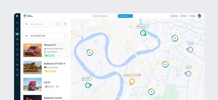 Fleet Chaser Live Map showing a mixed construction fleet with live status pins so the dispatcher can see location without calling
