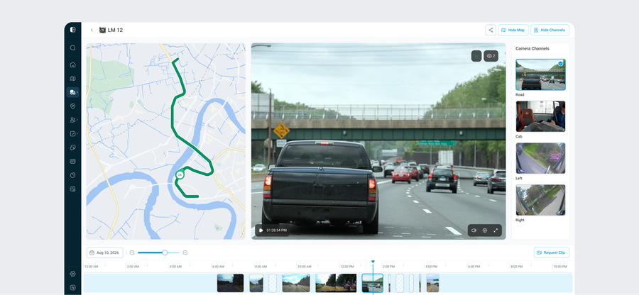 Playback: route map, dash-cam video and a full-day thumbnail timeline with one recording selected