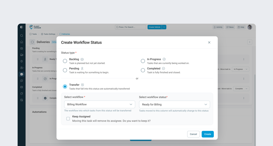Fleet Chaser Task Settings — creating a Transfer-type status with the destination picker for the target workflow and column, plus the Keep assigned toggle