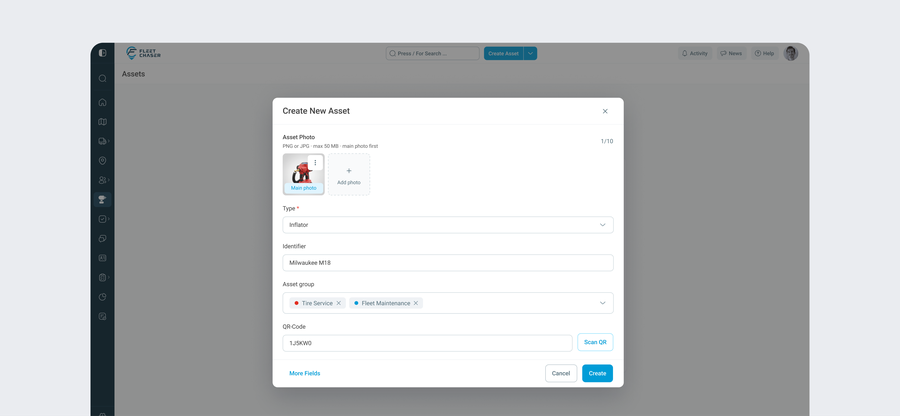 The Create New Asset dialog with the type dropdown open