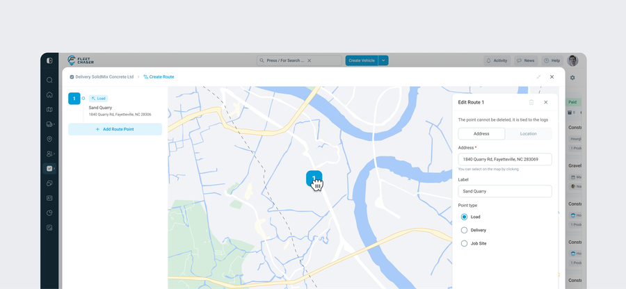 Route builder — adding a checkpoint with address autocomplete and saved Location