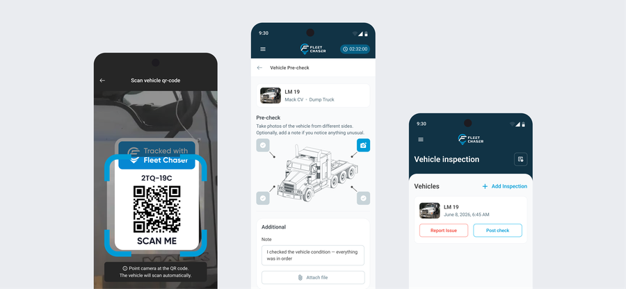 Fleet Chaser Employee App: scan a vehicle's QR sticker and the pre-check inspection opens