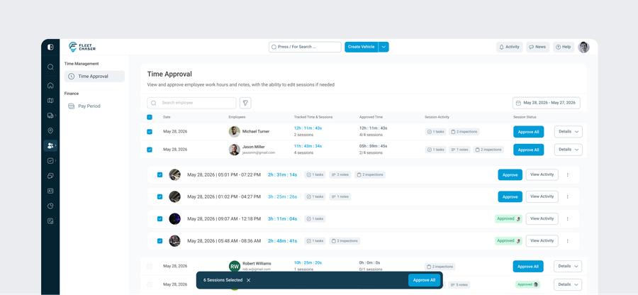 Fleet Chaser Time Approval list showing employee sessions with single and bulk Approve actions