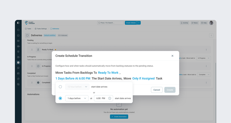 The Fleet Chaser Create Schedule Transition form — target status, trigger options, time-of-day picker, and the unassigned-tasks toggle