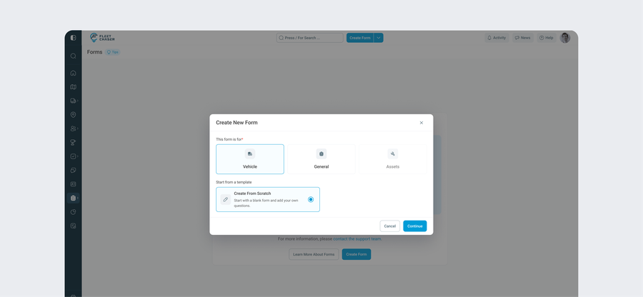 The Create New Form dialog: Vehicle or Assets, and Create From Scratch