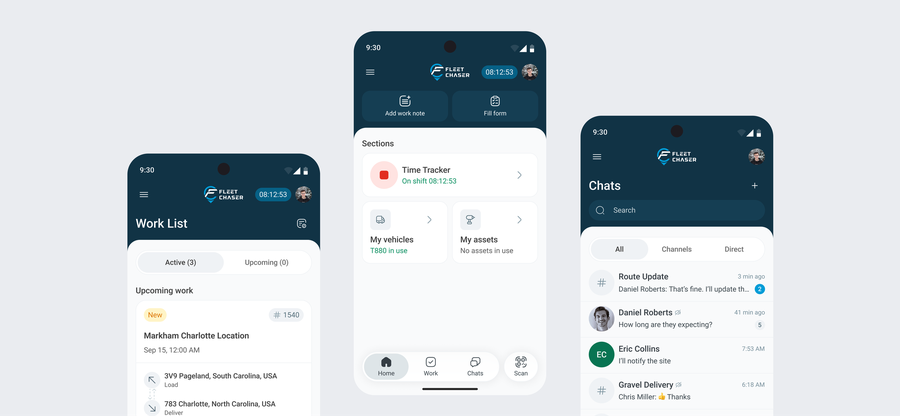 The bottom bar — Home, Work, Chats and the Scan button