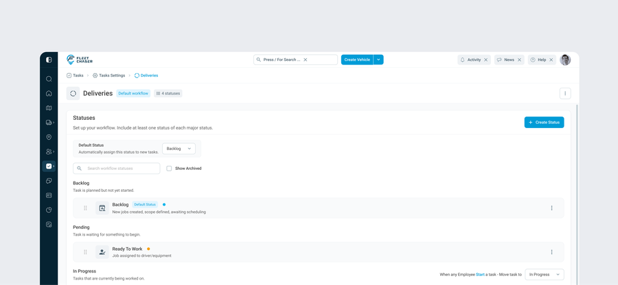 Task Settings (Console) — building a workflow, with a status being edited