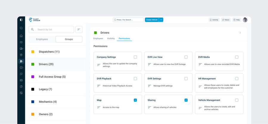 A group’s Permissions tab: capability cards with on/off toggles for Map, Vehicle Management, HR, Company Settings, Sharing and DVR access