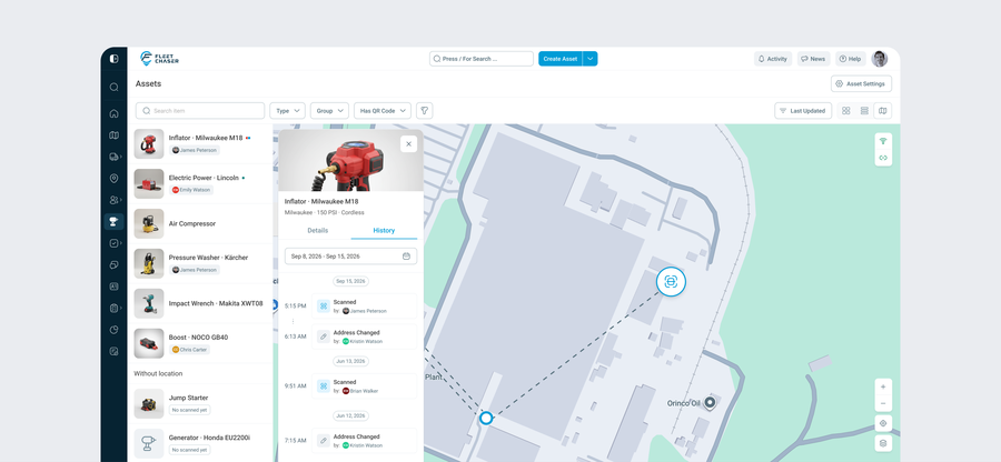 The Assets map view with an asset selected and its panel open