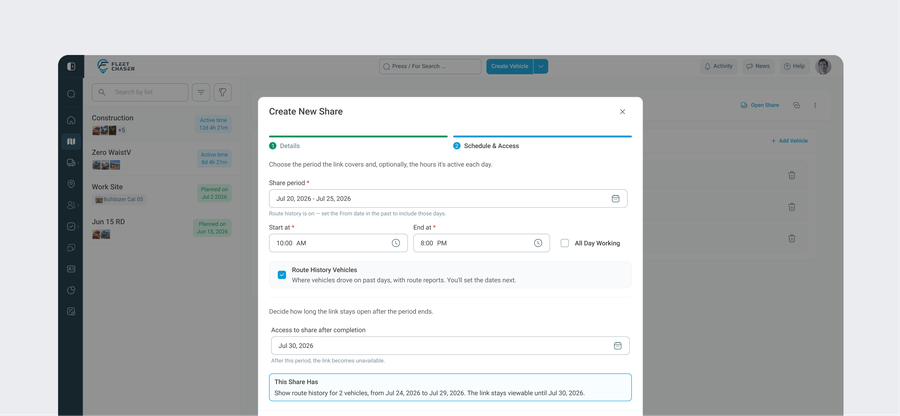 Create-share Schedule & Access step: share period with working hours, route history option and link-access date