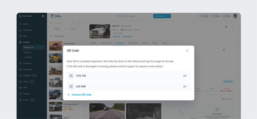 Fleet Chaser Console: Vehicle page showing a connected QR code and the Connect QR Code flow