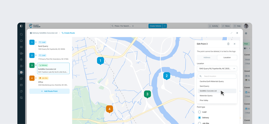 Checkpoint type selector — Load blue, Delivery green, Job Site orange