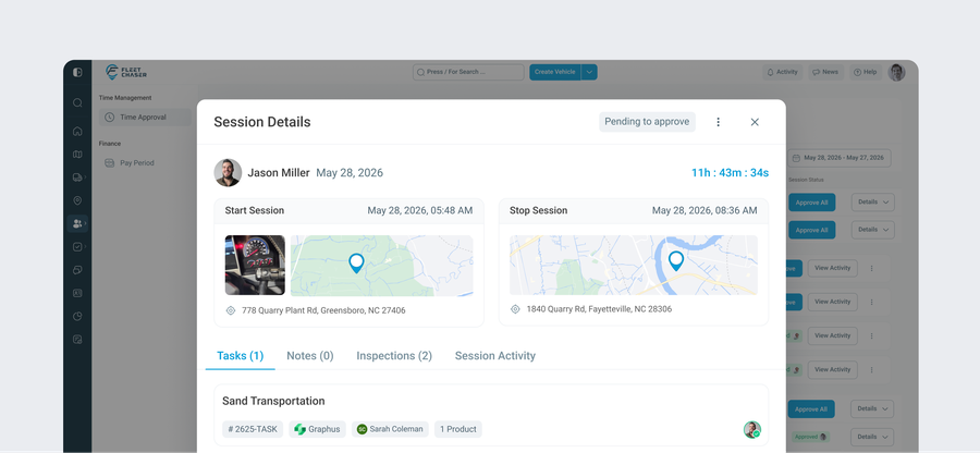 Fleet Chaser Session Details showing employee, date, total time, start and stop maps, and the Tasks, Notes, Inspections and Session Activity tabs
