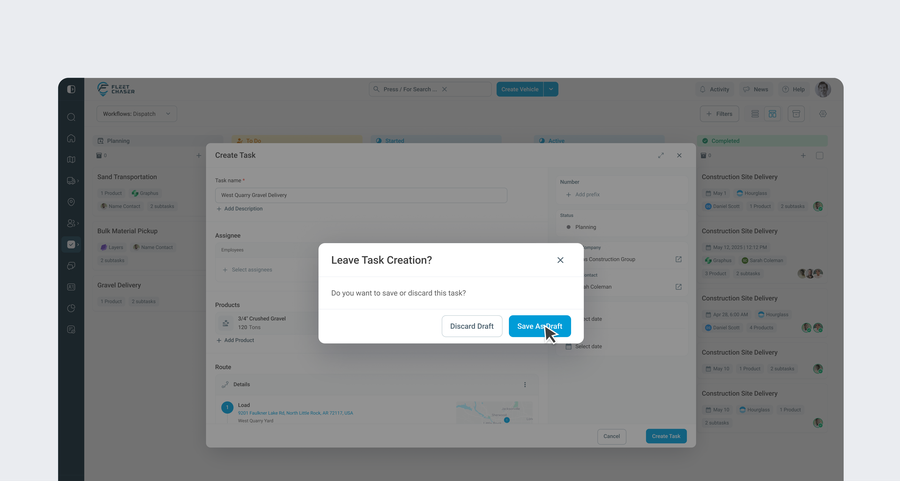 The Leave Task Creation prompt, offering Save as a Draft or Discard Draft