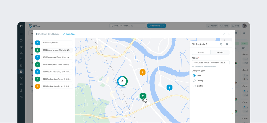 Route builder (Console) — pickup, drop-off, and Job Site stops on a map