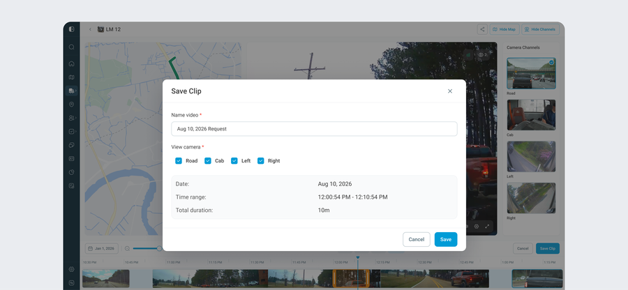 The Save Clip dialog: video name, a checkbox per camera angle, and a summary of date, time range and total duration