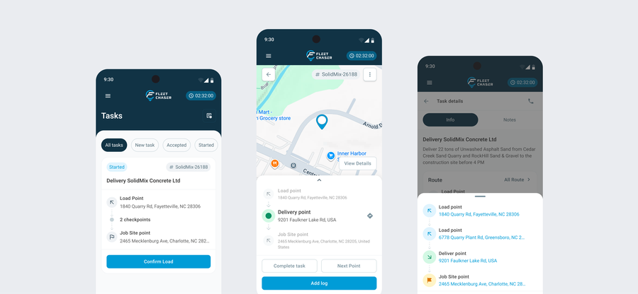 Employee App mid-route — current stop highlighted with checkpoint card