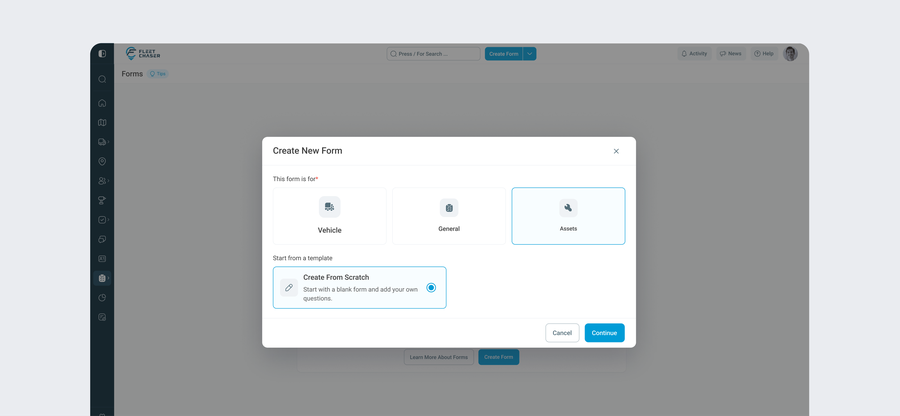 The Create New Form dialog with the Assets card selected