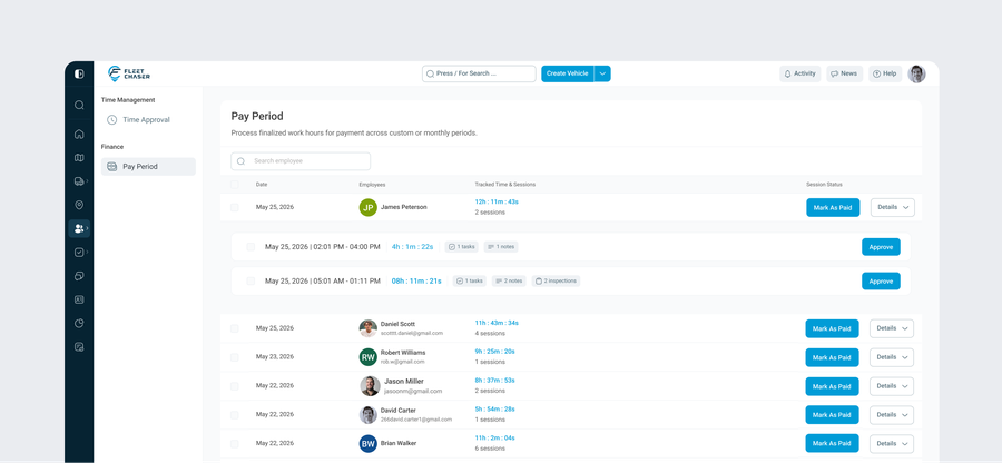 Fleet Chaser Pay Period view under Finance with employee totals and the Mark As Paid action