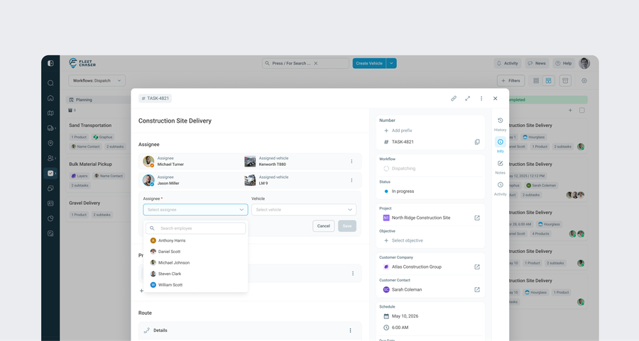 Fleet Chaser Add Assignee interaction with employee search and default-vehicle prefill