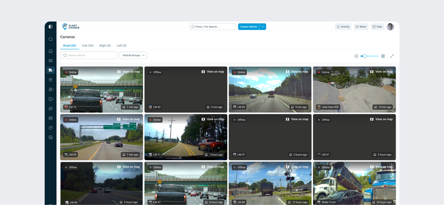 The Cameras page: a tile per camera with its status badge and how long ago its picture arrived