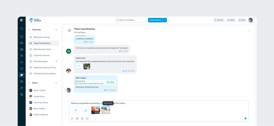 The cleaner chat message field showing file previews before sending