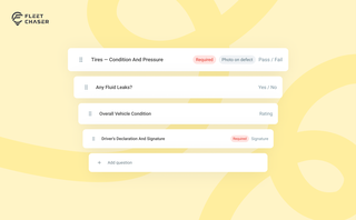 Fleet Chaser Console: the form builder with a question open in the Add question panel.
