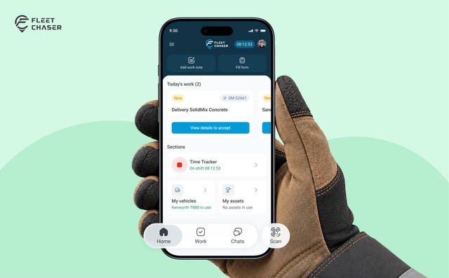 The Employee App Home screen with a shift running: the quick actions, today's work, and the Sections cards.