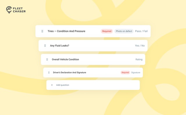 Fleet Chaser Console: the form builder with a question open in the Add question panel.