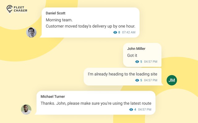 Fleet Chaser chat panel showing a reply thread and the cleaner message field