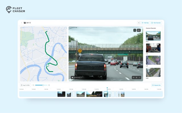 Fleet Chaser playback screen: route map on the left, dash-cam video on the right, and a thumbnail timeline of the day below