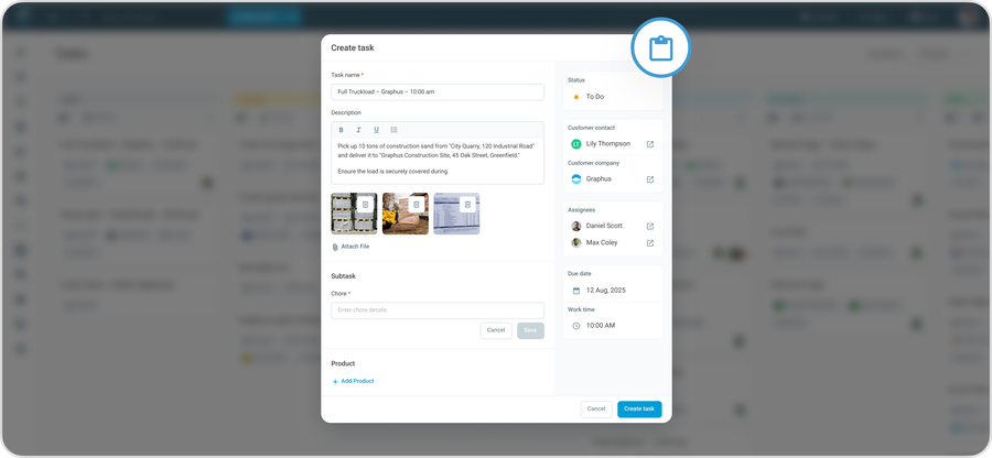 Create task interface showing all the available fields