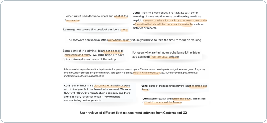 User reviews from Capterra and G2 on usability challenges and feature overload in fleet management software