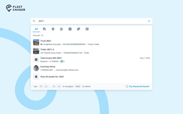 Quick Search — the dropdown open with results